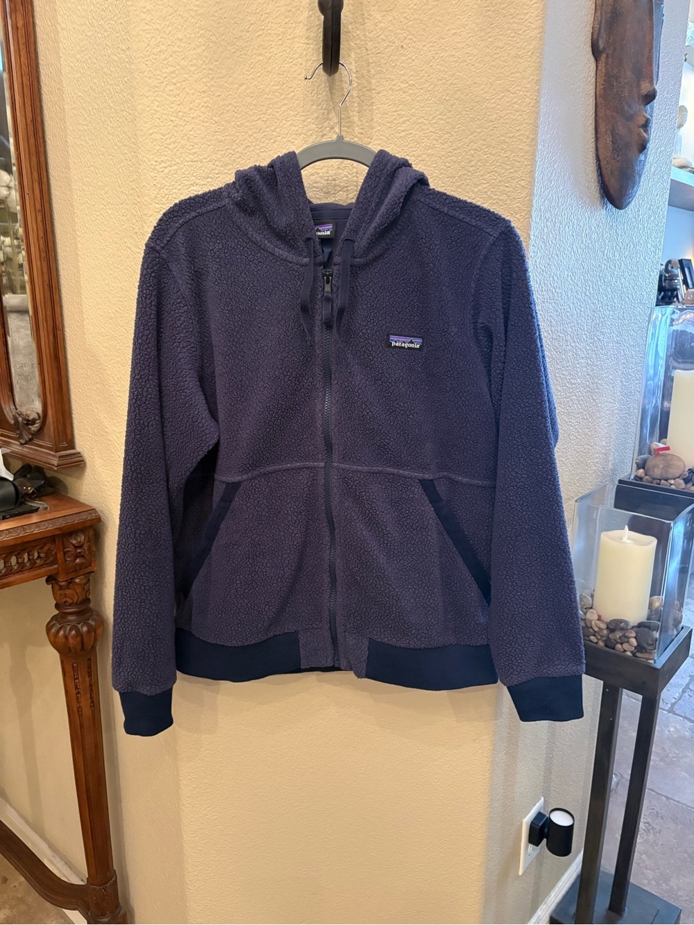 Patagonia Women Navy Blue Shearling Fleece Sherpa Hooded Zip Jacket Size Large